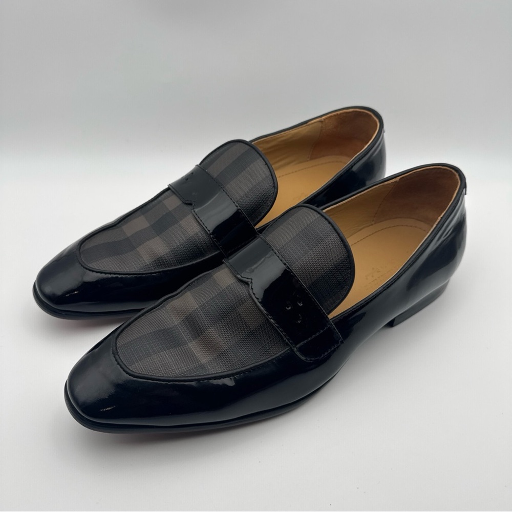 Burberry Men's Dress Loafers Black Check Pattern Size 43